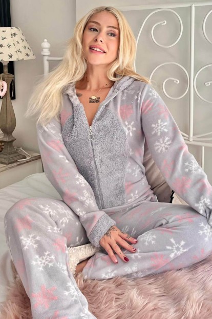 Gri Kartanesi Desenli Kadın Polar Peluş Tulum Pijama - Pijamaevi