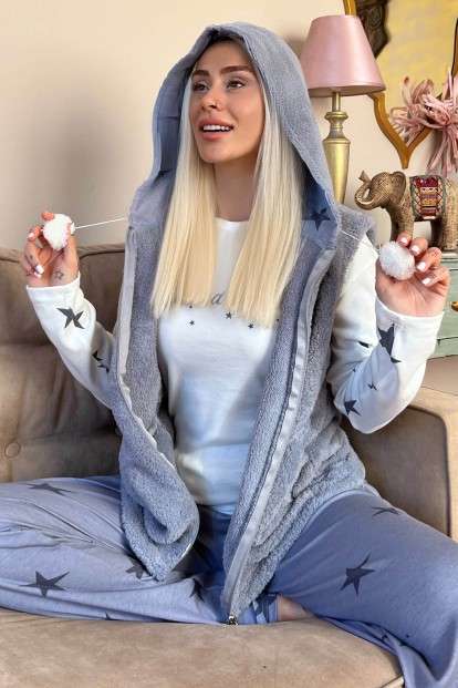 Gri Made of Star Desenli Peluş Yelekli Kadın Pijama Takımı - Pijamaevi
