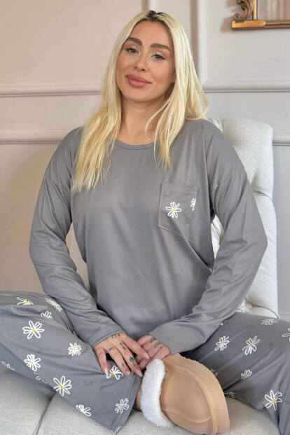 Gri Papatya Desenli Bambu Uzun Kol Kadın Pijama Takımı - Pijamaevi