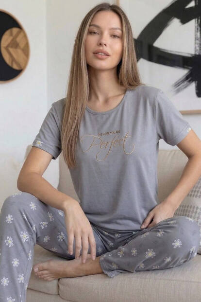 Gri Perfect Desenli Bambu Kısa Kol Kadın Pijama Takımı - Pijamaevi