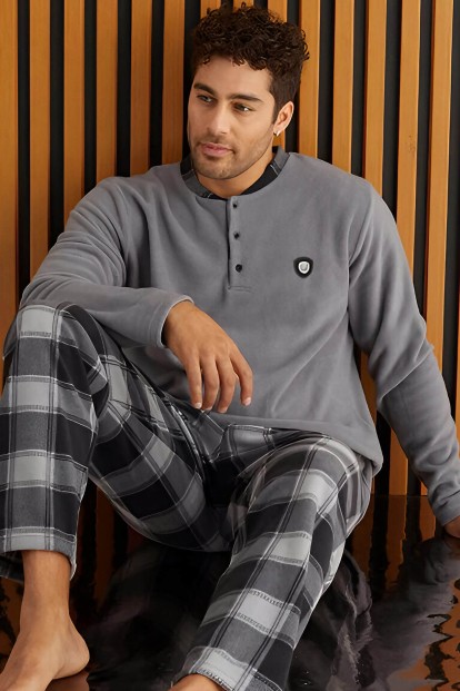 Gri Siyah Ekose Desenli Polar Erkek Pijama Takımı - Pijamaevi
