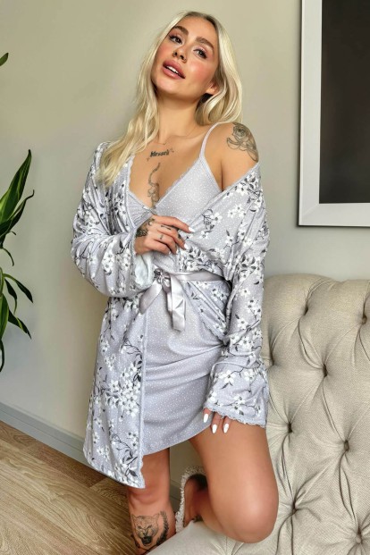Gri Svila Exclusive Örme Sabahlıklı Gecelik Kadın Pijama Takımı - Pijamaevi