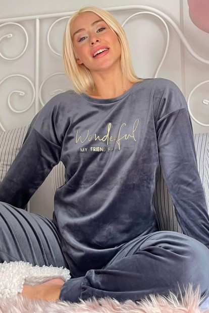 Gri Wonderful Desenli Exclusive Kadife Kadın Pijama Takımı  - Pijamaevi