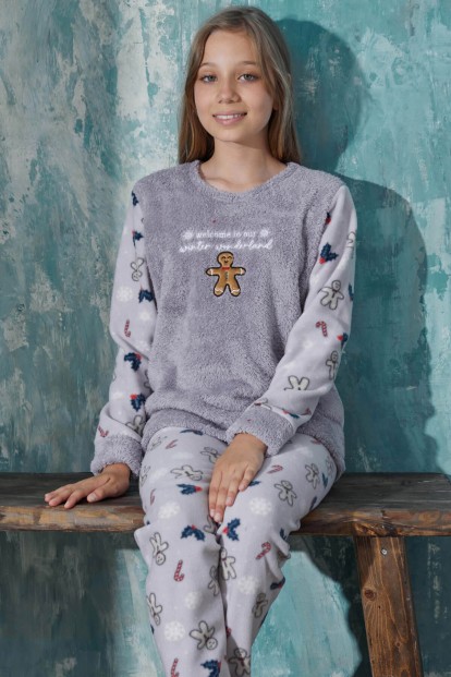 Gri Wonderland Desenli Kız Çocuk Peluş Pijama Takım - Pijamaevi
