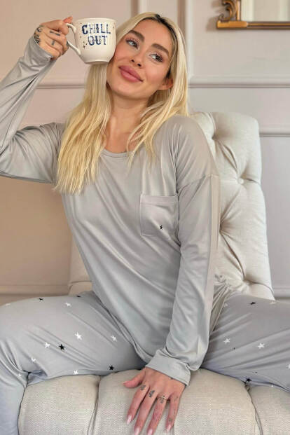 Gri Yıldız Desenli Bambu Uzun Kol Kadın Pijama Takımı - Pijamaevi