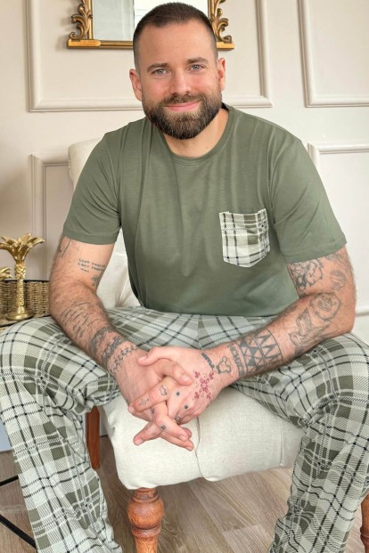 Haki Cep Detay Ekose Kısa Kollu Erkek Pijama Takımı - Pijamaevi