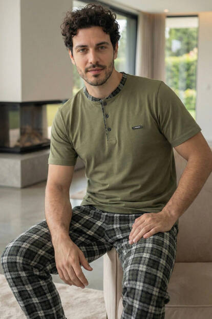 Heritage Olive Patlı Kısa Kollu Cotton Erkek Pijama Takımı - Pijamaevi