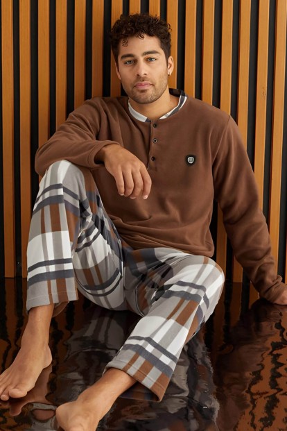 Kahve Beyaz Ekose Desenli Polar Erkek Pijama Takımı - Pijamaevi