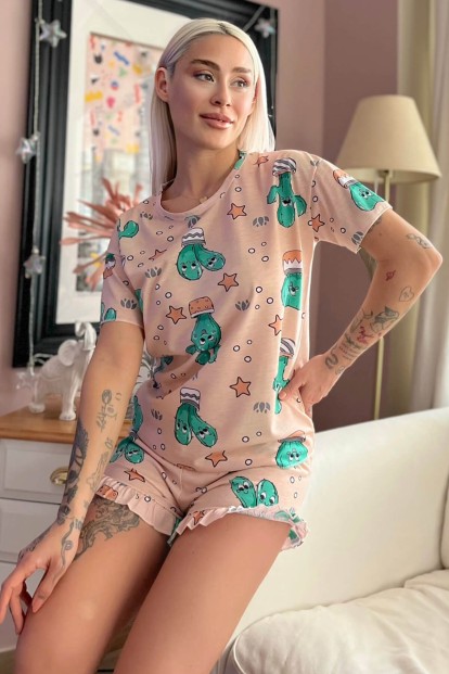 Kaktüs Baskılı Şortlu Kadın Pijama Takımı - Pijamaevi