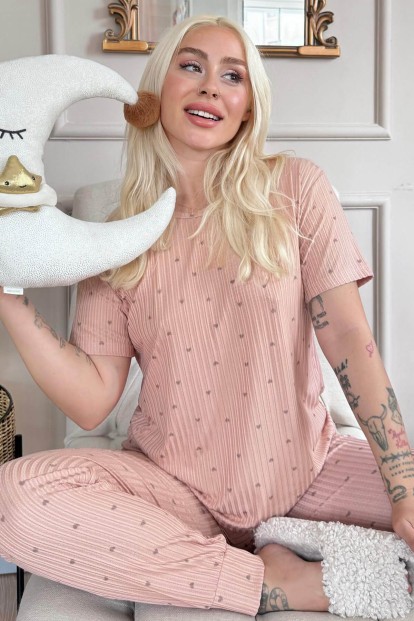 Karamel Kalp Desenli Kısa Kol Örme Zincir Kadın Pijama Takımı - Pijamaevi