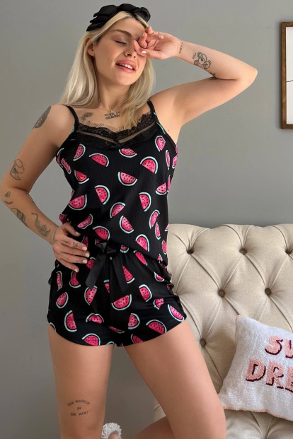 Karpuz Pegasus Dantel Detaylı İp Askı Şortlu Örme Pijama Takımı - Pijamaevi