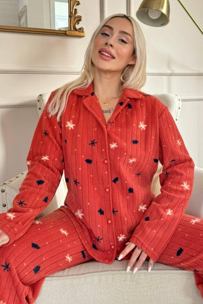 Kiremit Çam Desenli Önden Düğmeli Peluş Polar Pijama Takımı - Pijamaevi