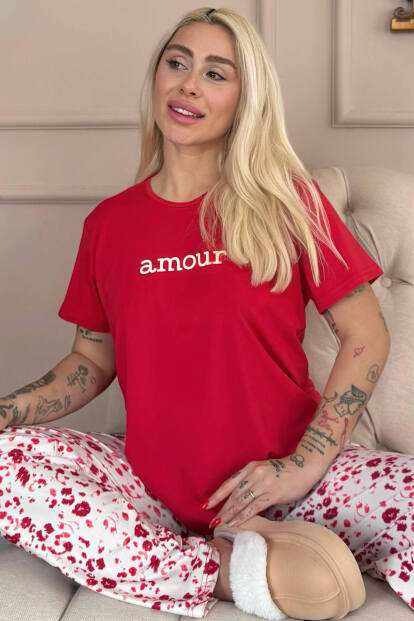 Kırmızı Amour Desenli Kısa Kollu Kadın Pijama Takımı - Pijamaevi