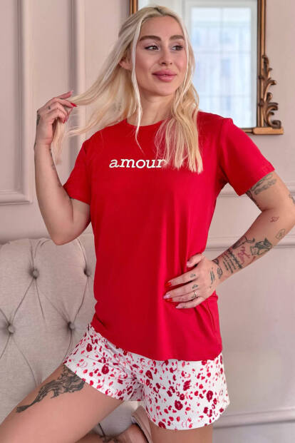 Kırmızı Amour Desenli Kısa Kollu Şortlu Örme Kadın Pijama Takımı - Pijamaevi