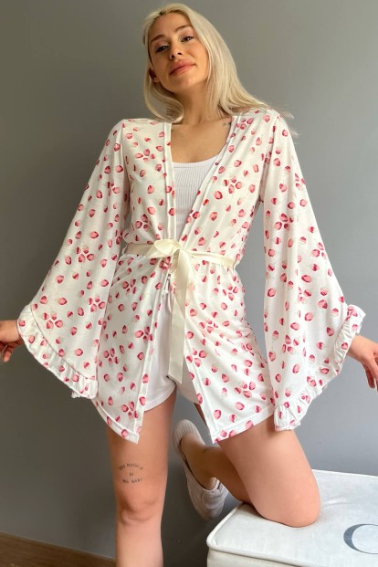 Kırmızı Çilek Desenli Kadın Kimono Sabahlık - Pijamaevi