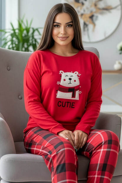 Kırmızı Cutie Desenli Termal Kadın Pijama Takımı - Pijamaevi