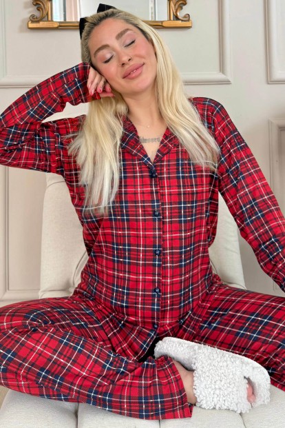 Kırmızı Ekose Desenli Bambu Önden Düğmeli Uzun Kol Kadın Pijama Takımı - Pijamaevi