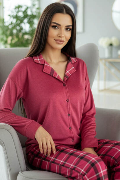 Kırmızı Ekose Desenli Termal Önden Düğmeli Uzun Kollu Kadın Pijama Takımı - Pijamaevi