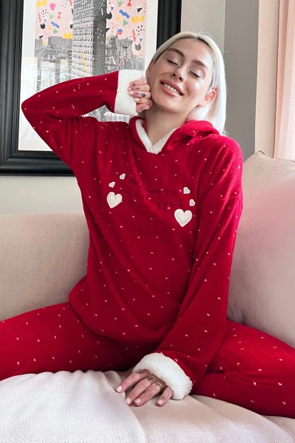Kırmızı Heart Magic Desenli Kapşonlu Peluş Polar Pijama - Pijamaevi