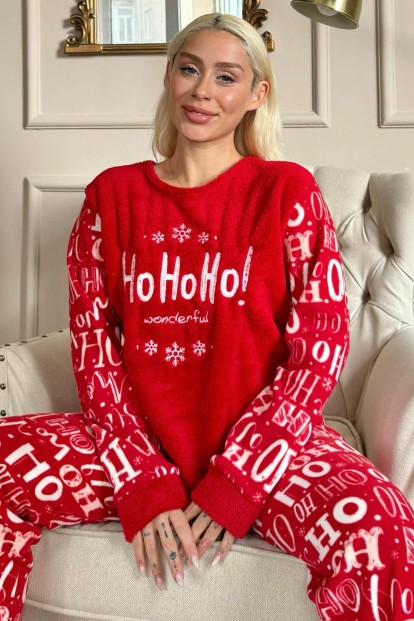 Kırmızı Hoho Desenli Kadın Peluş Pijama Takımı - Pijamaevi