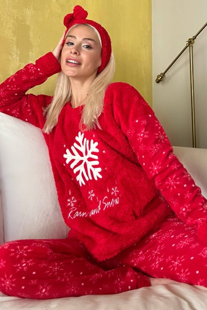 Kırmızı Kartanesi Desenli Kadın Peluş Pijama Takımı - Pijamaevi