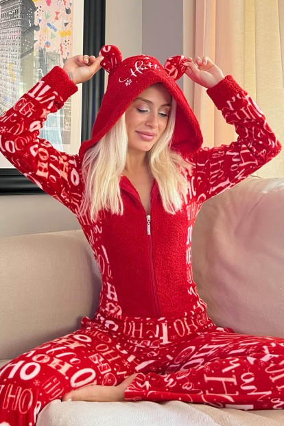 Kırmızı Laugh Desenli Kadın Polar Peluş Tulum Pijama Takımı - Pijamaevi