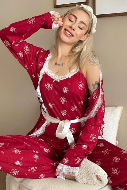 Kırmızı Papatya Desenli Sabahlıklı Pegasus Pijama Takımı - Pijamaevi