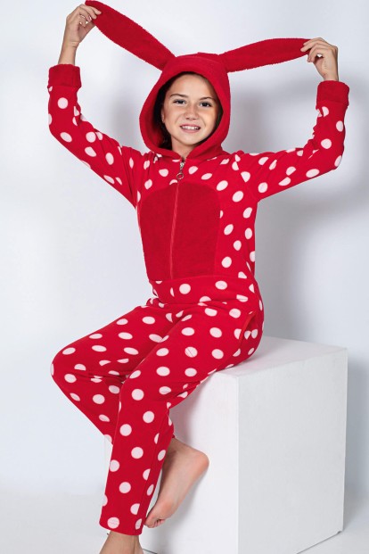 Kırmızı Puan Desenli Kız Çocuk Polar Peluş Tulum Pijama - Pijamaevi