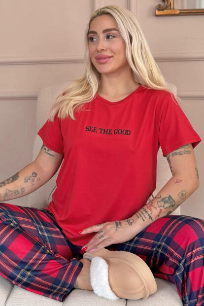 Kırmızı See The Good Desenli Kısa Kollu Örme Kadın Pijama Takım - Pijamaevi