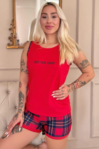 Kırmızı See The Good Desenli Sıfır Kol Şortlu Örme Kadın Pijama Takımı - Pijamaevi