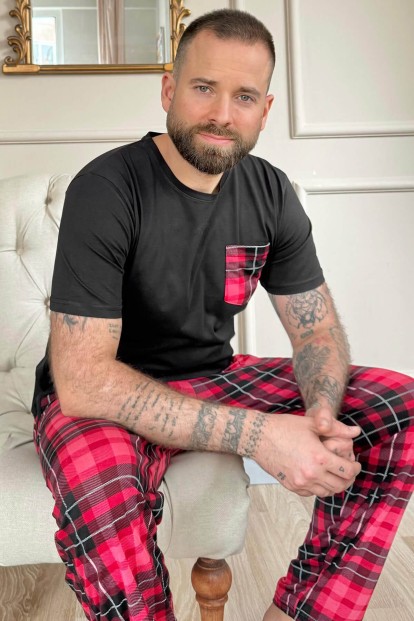Kırmızı Siyah Ekose Cep Detay Kısa Kollu Erkek Pijama Takımı - Pijamaevi