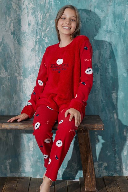 Kırmızı Wild But Desenli Kız Çocuk Peluş Pijama Takımı - Pijamaevi