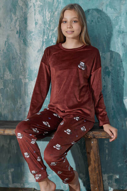 Koyu Kahve Kaşkol Ayıcık Desenli Exclusive Kadife Kız Çocuk Pijama Takımı  - Pijamaevi