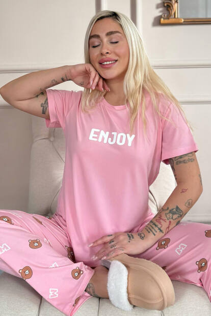 Koyu Pembe Enjoy Desenli Bambu Kısa Kol Kadın Pijama Takımı - Pijamaevi