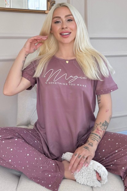 Koyu Pembe Magic Desenli Bambu Kısa Kol Kadın Pijama Takımı - Pijamaevi