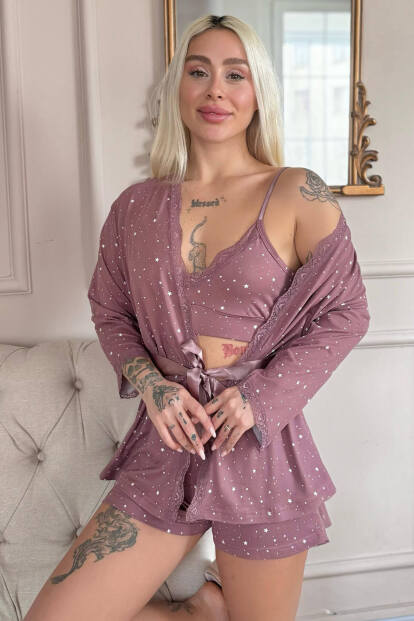 Koyu Pembe Stars Desenli Bambu Crop Sabahlıklı Şortlu Kadın Pijama Takımı - Pijamaevi