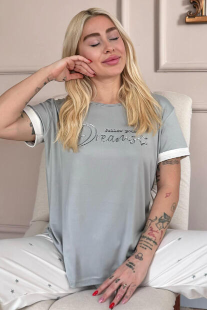 Krem Dreams Desenli Bambu Kısa Kol Kadın Pijama Takımı - Pijamaevi