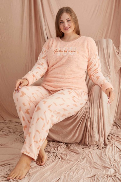 Krem You Desenli Büyük Beden Battal Peluş Pijama Takımı - Pijamaevi
