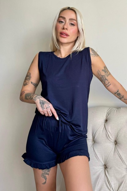 Lacivert Basic Kolsuz Askılı Şortlu Kadın Pijama Takımı - Pijamaevi