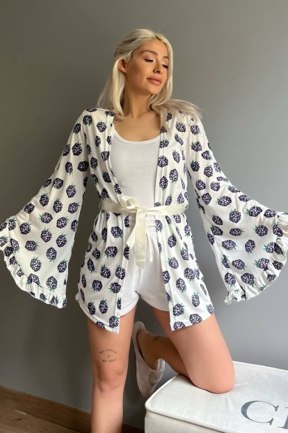 Lacivert Berry Desenli Kadın Kimono Sabahlık - Pijamaevi