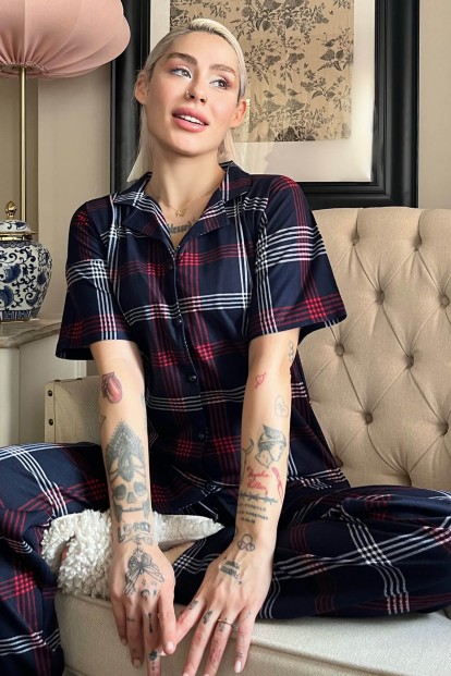 Lacivert Bordo Ekose Baskılı Önden Düğmeli Kısa Kollu Pijama - Pijamaevi