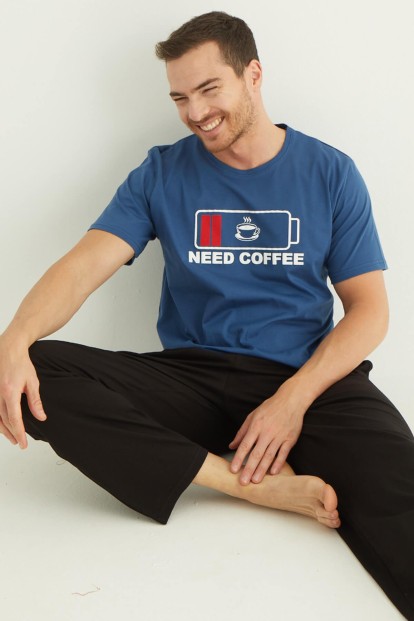 Lacivert Coffee Baskılı Kısa Kollu Alt Uzun Erkek Pijama Takımı - Pijamaevi