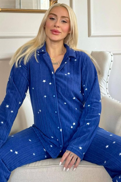 Lacivert Eclipse Desenli Önden Düğmeli Peluş Polar Pijama Takımı - Pijamaevi