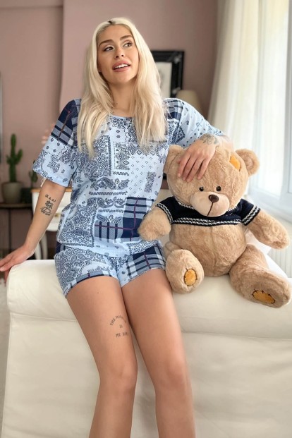 Lacivert Ekose Etnik Baskılı Şortlu Kadın Pijama Takımı - Pijamaevi