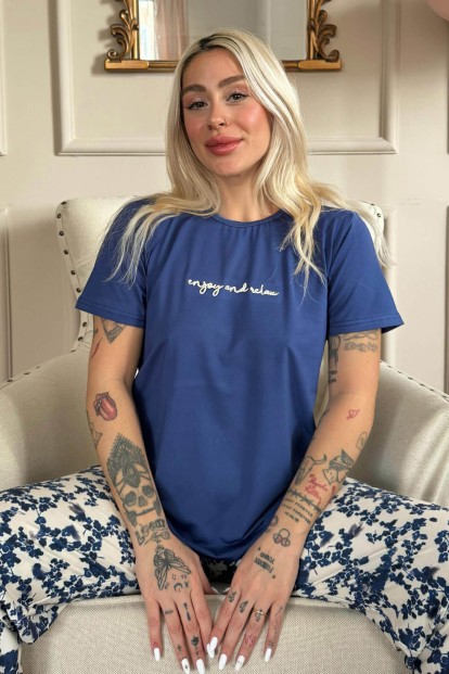 Lacivert Enjoy Desenli Kısa Kollu Örme Kadın Pijama Takımı - Pijamaevi