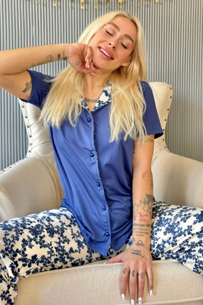 Lacivert Florado Exclusive Önden Düğmeli Kısa Kollu Kadın Pijama Takımı - Pijamaevi
