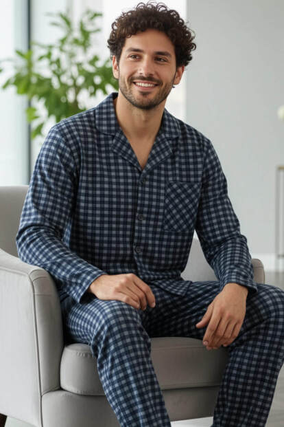 Lacivert Gri Ekose Desenli Önden Düğmeli Elegant Erkek Pijama Takımı - Pijamaevi