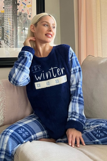 Lacivert It's Winter Desenli Kadın Peluş Pijama Takımı - Pijamaevi