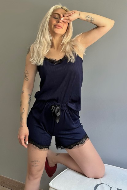 Lacivert Kaşkorse Dantel Detaylı İp Askı Şortlu Örme Pijama Takımı - Pijamaevi