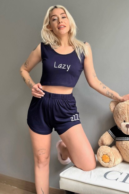 Lacivert Lazy Baskılı Crop Örme İp Askı Şortlu Pijama Takımı - Pijamaevi
